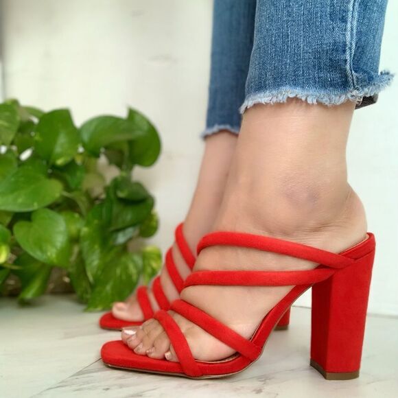Red Faux Suede Square Toe Mid Block Heel - Picture 4 of 4